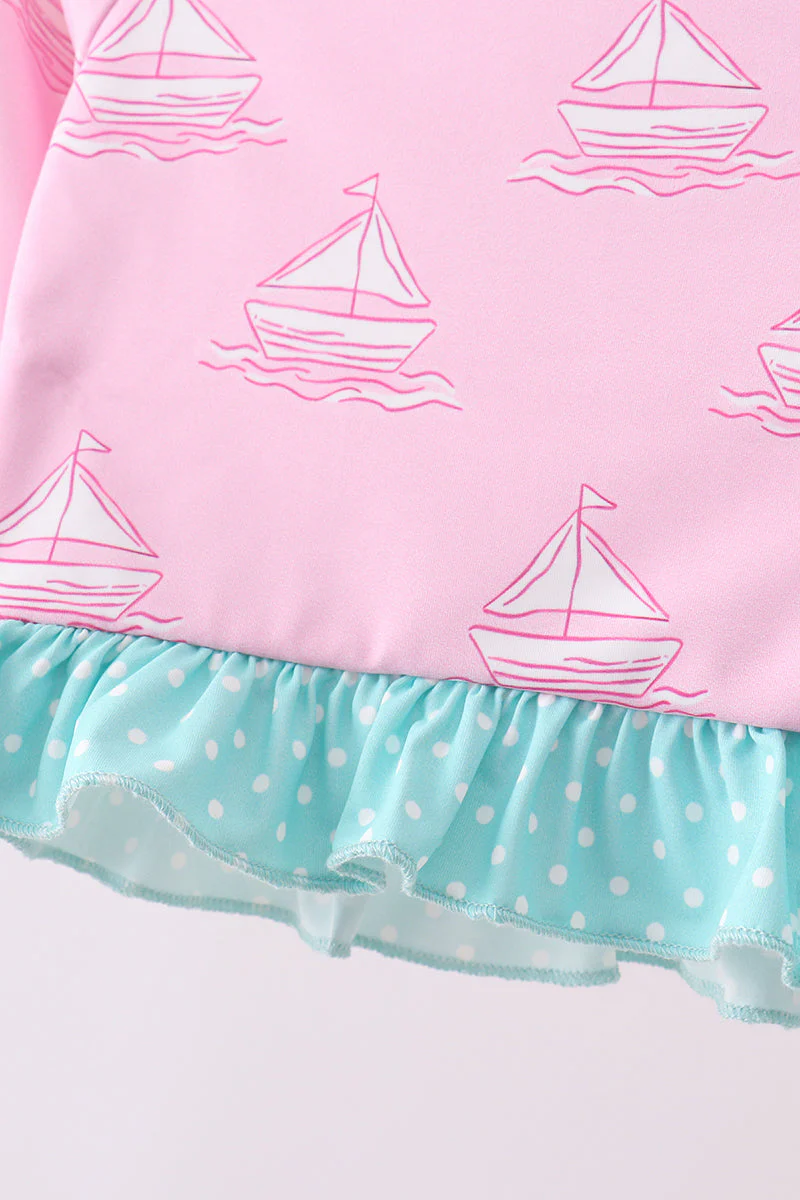 Pink sailboat print ruffle rashguard set - Image 2