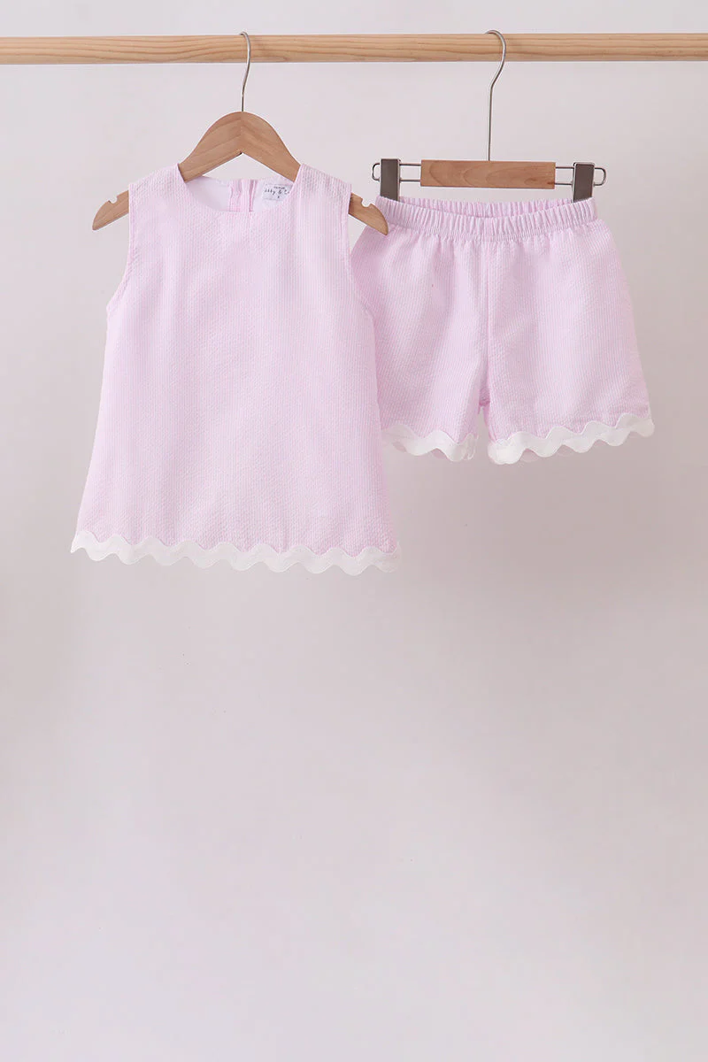 Pink Seersucker Stripe Scalloped Shorts Set