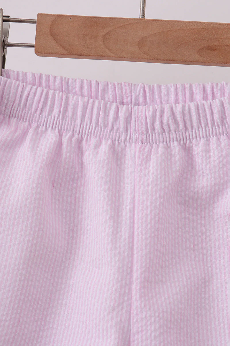Pink Seersucker Stripe Scalloped Shorts Set - Image 2