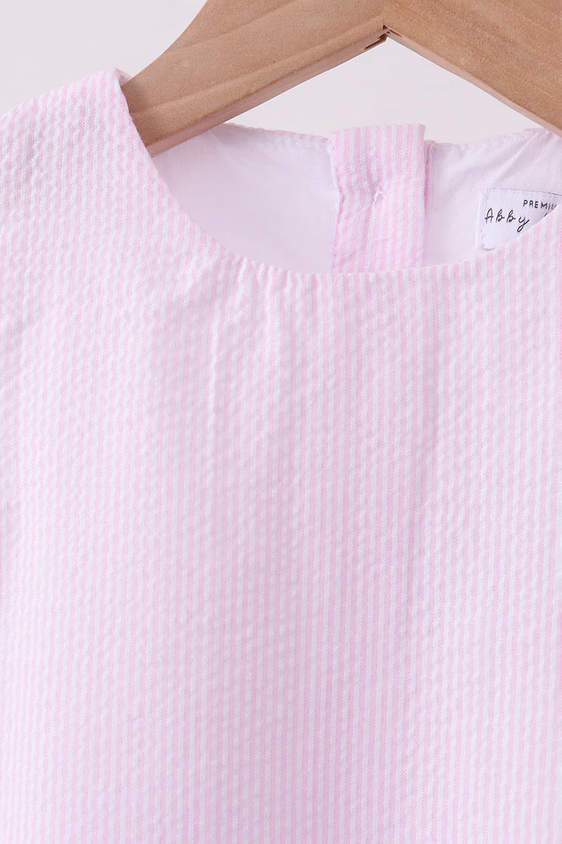 Pink Seersucker Stripe Scalloped Shorts Set - Image 3