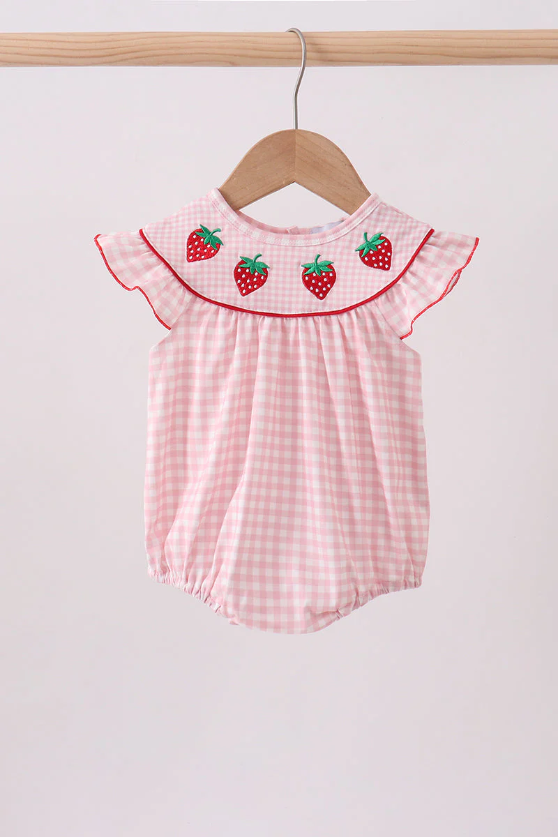 Pink strawberry embroidery gingham bubble