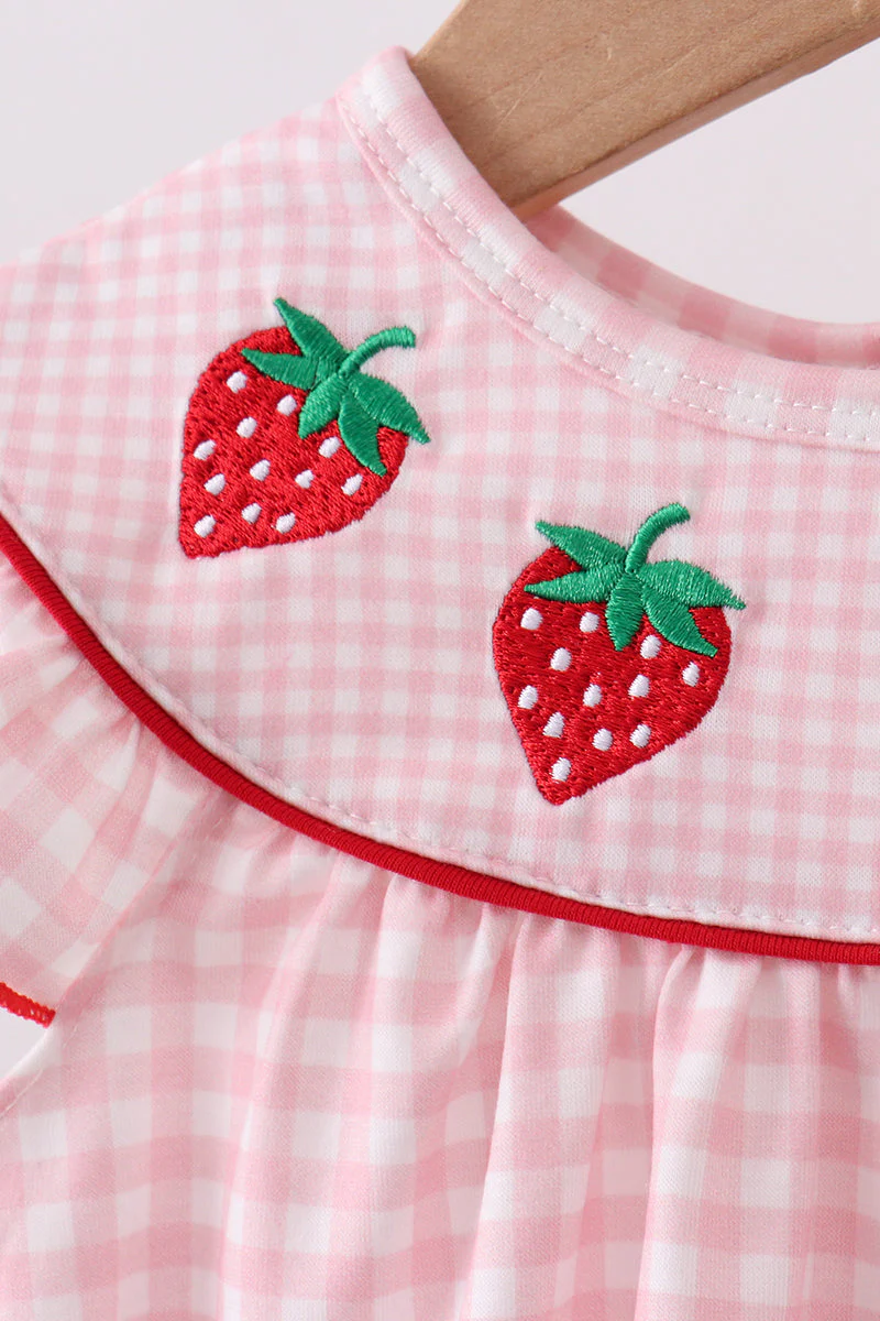 Pink strawberry embroidery gingham bubble - Image 2