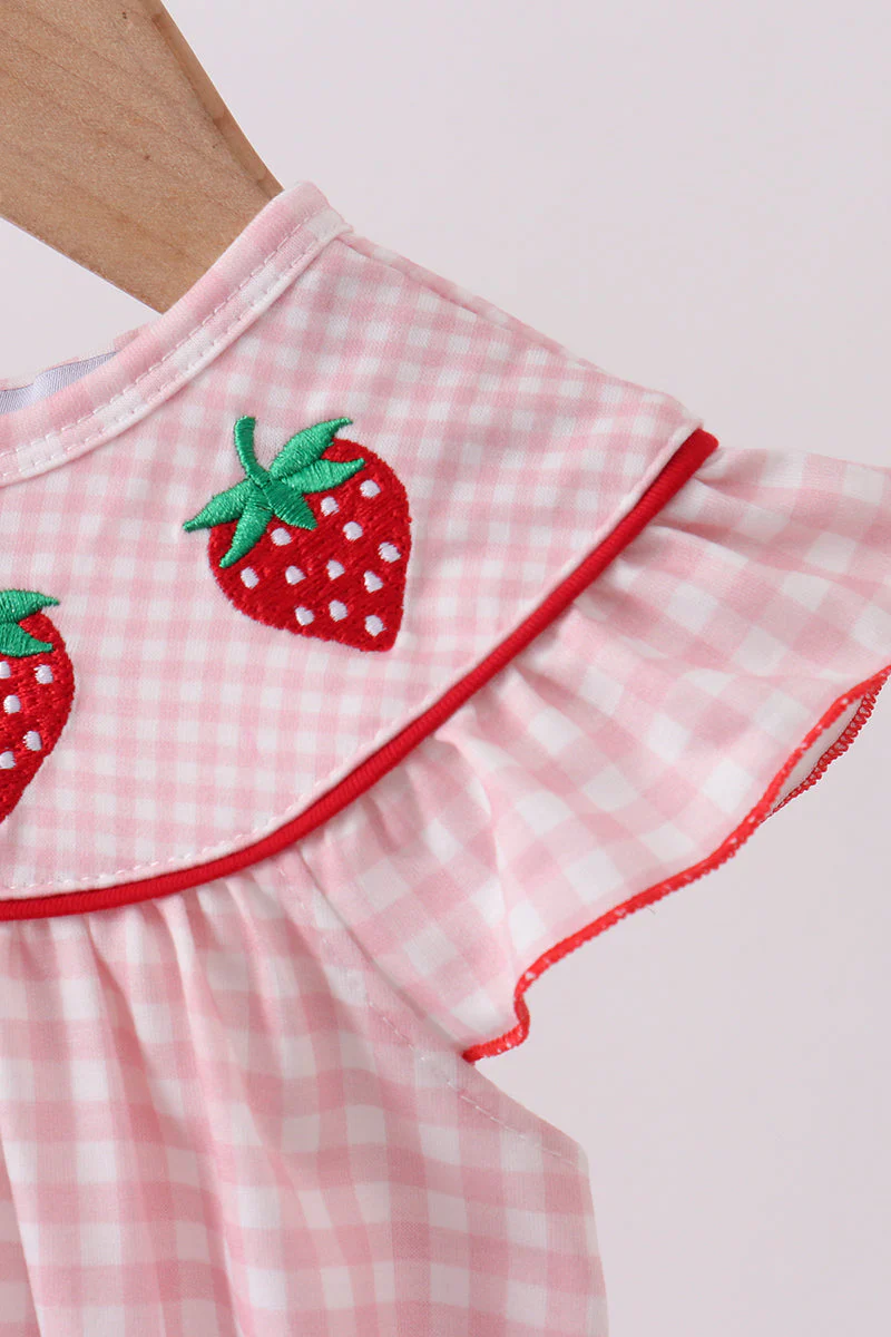 Pink strawberry embroidery gingham bubble - Image 3