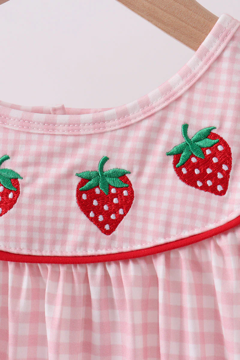Pink strawberry embroidery gingham dress - Image 2