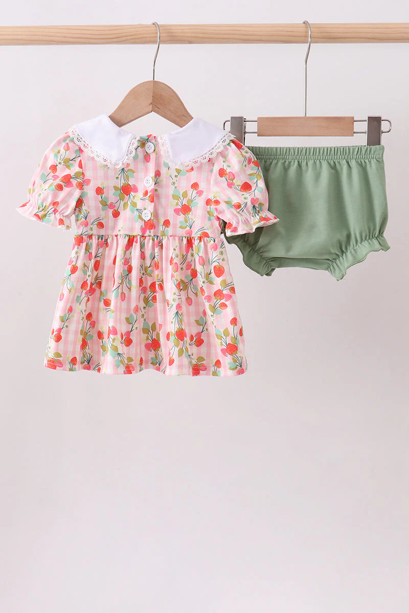 Pink strawberry smocked bloomer set - Image 5