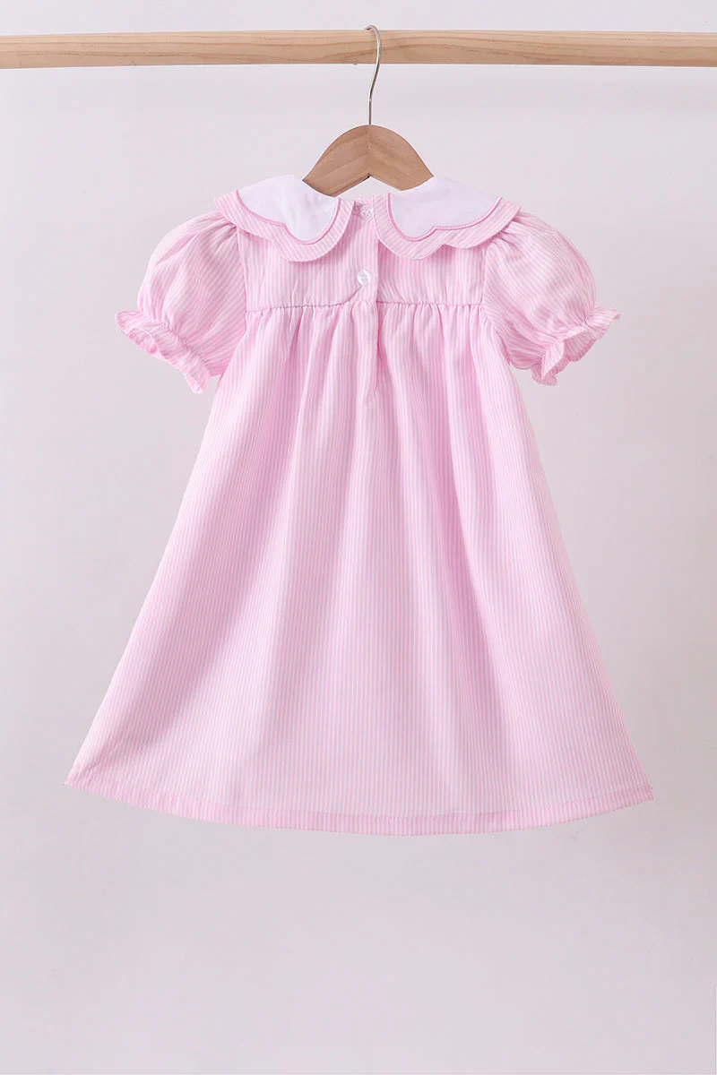 Pink stripe bunny bow embroidery dress - Image 3
