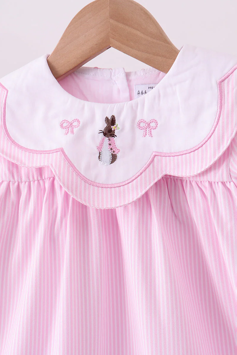 Pink stripe bunny bow embroidery dress - Image 4