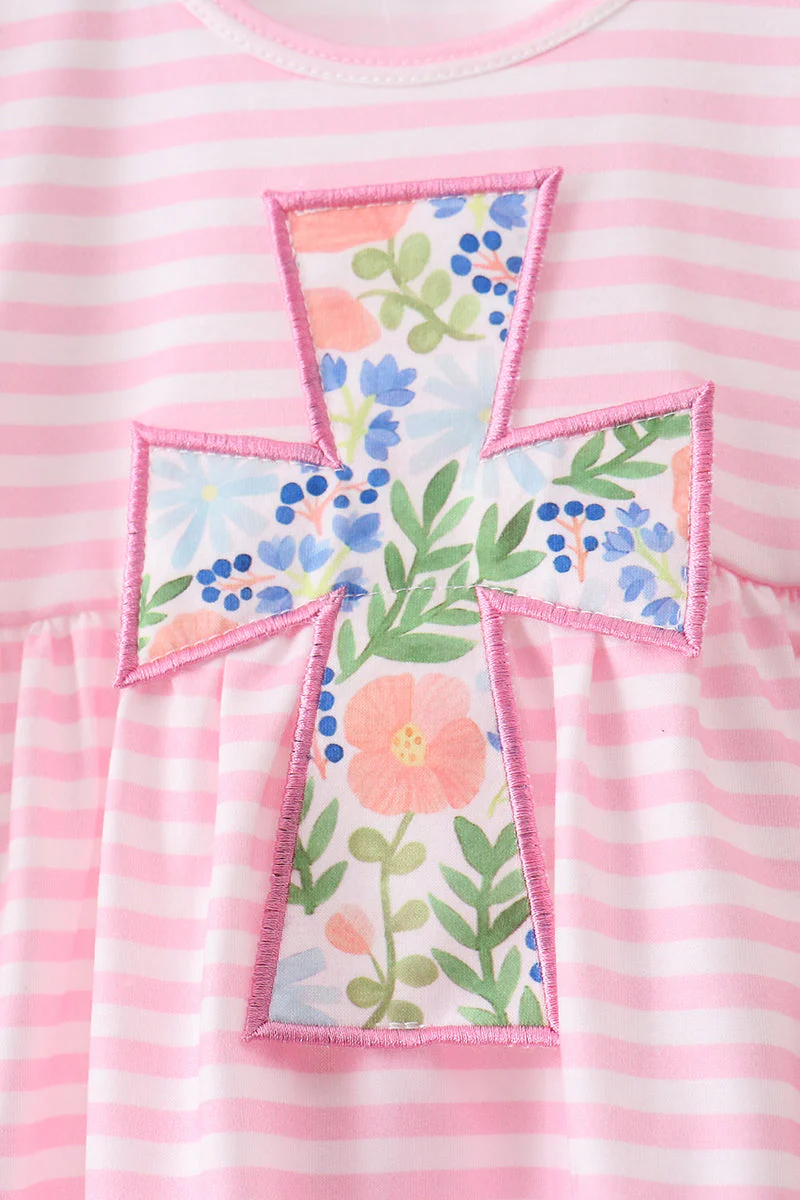 Pink stripe cross applique ruffle shorts set - Image 6