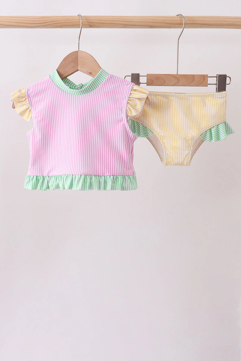 Pink stripe ruffle 2pc swimsuit