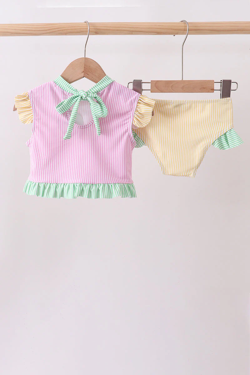 Pink stripe ruffle 2pc swimsuit - Image 4
