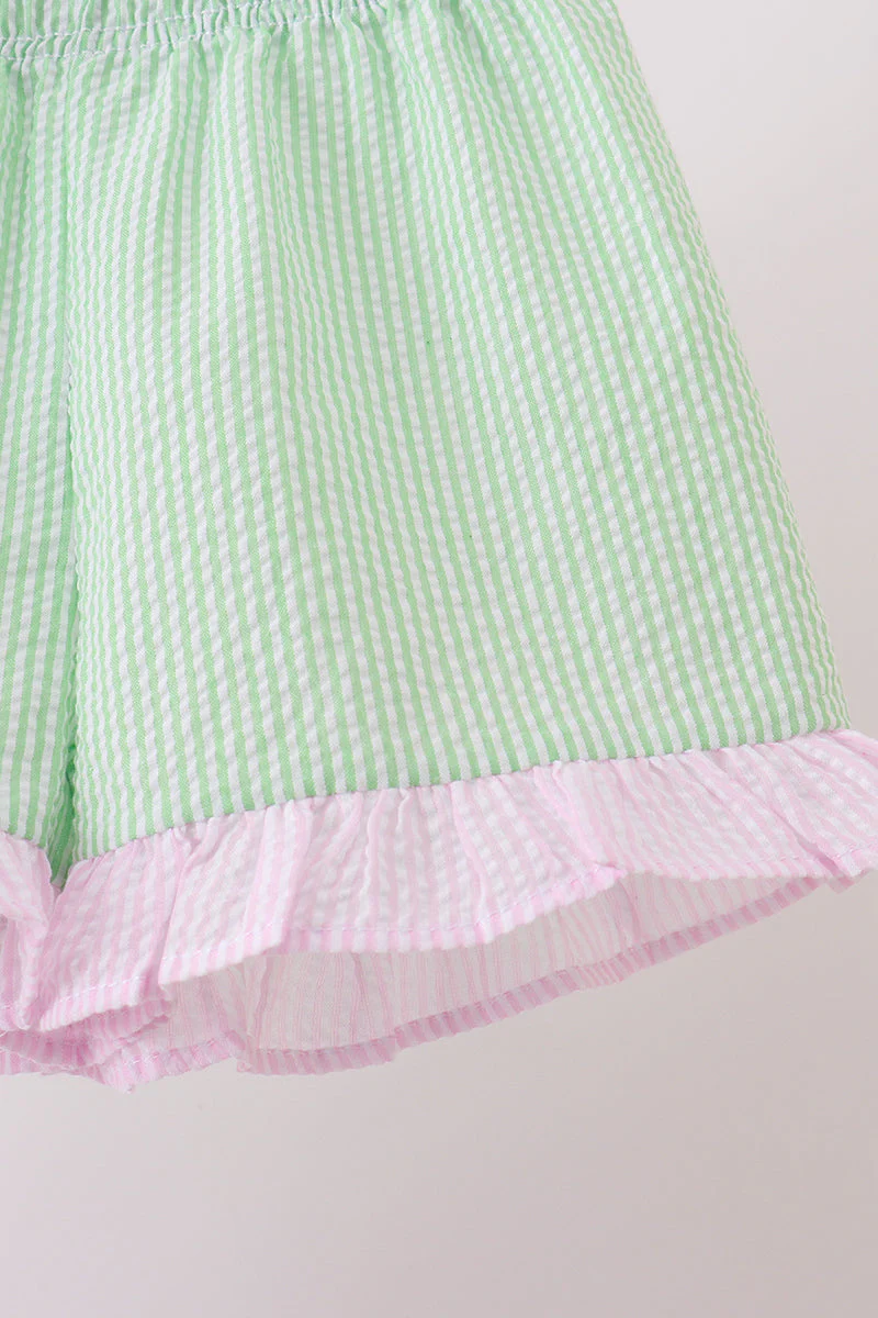 Pink stripe seersucker bow ruffle shorts set - Image 3