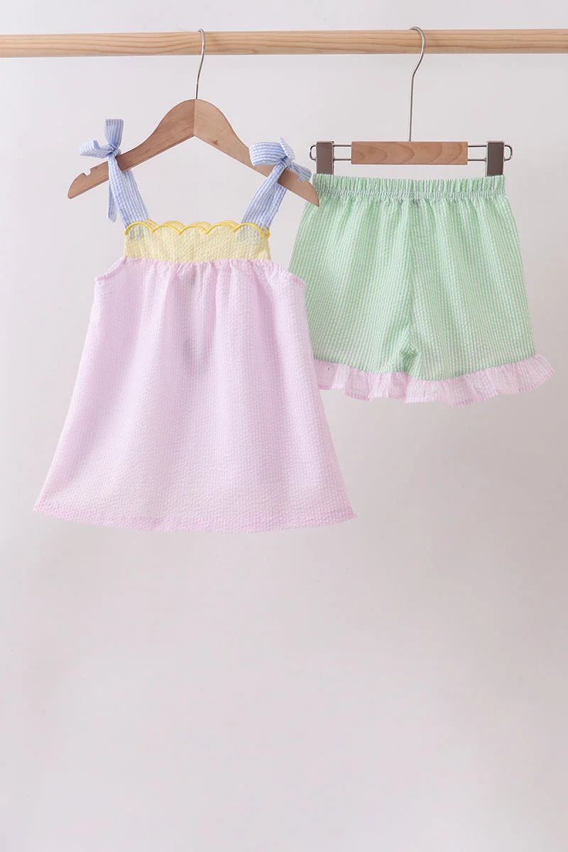 Pink stripe seersucker bow ruffle shorts set - Image 4