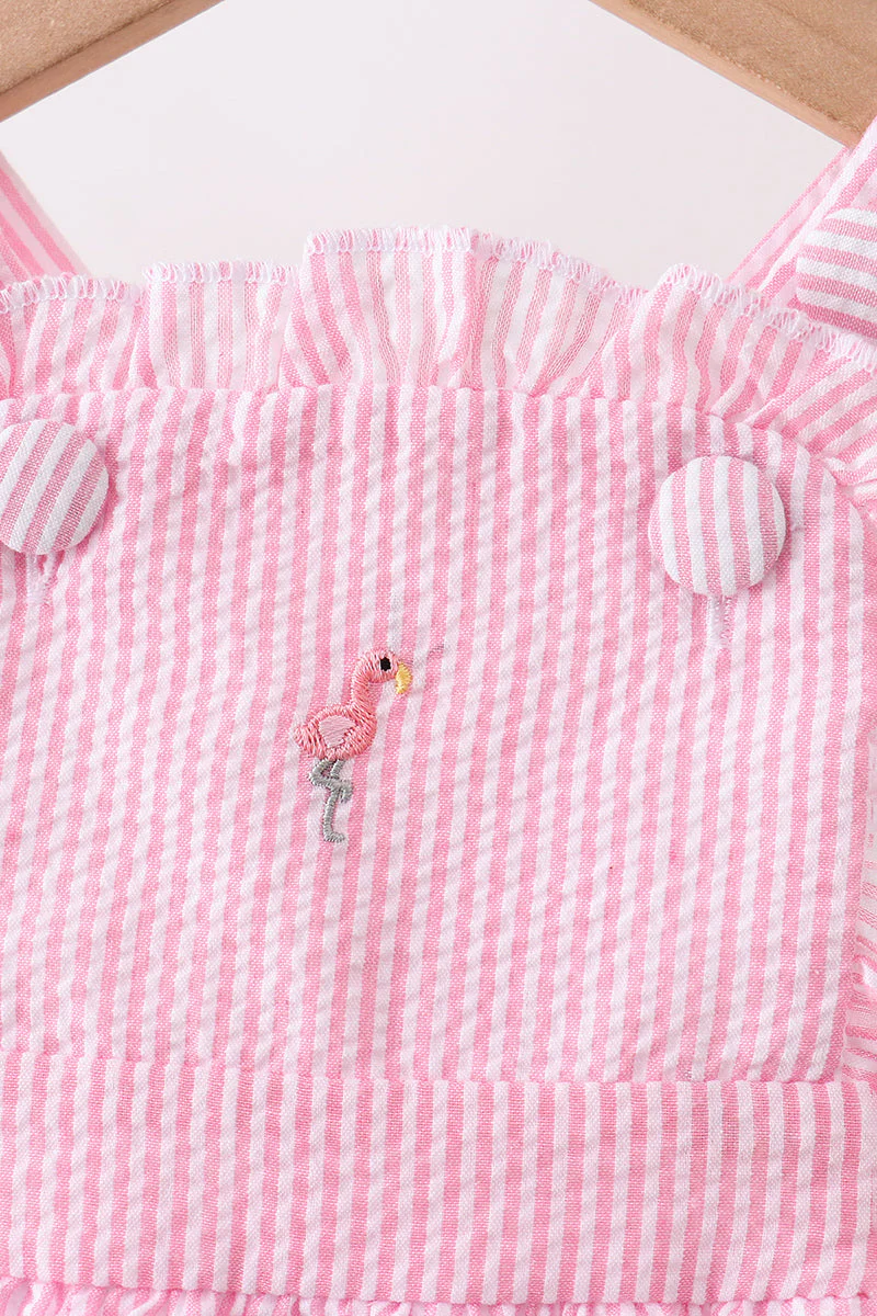 Pink stripe seersucker flamingo embroidery ruffle bubble - Image 2