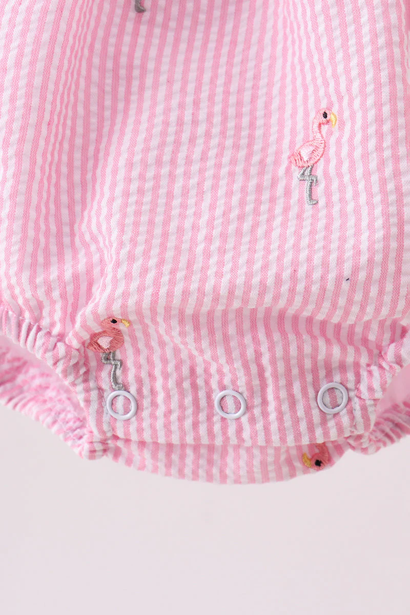 Pink stripe seersucker flamingo embroidery ruffle bubble - Image 3