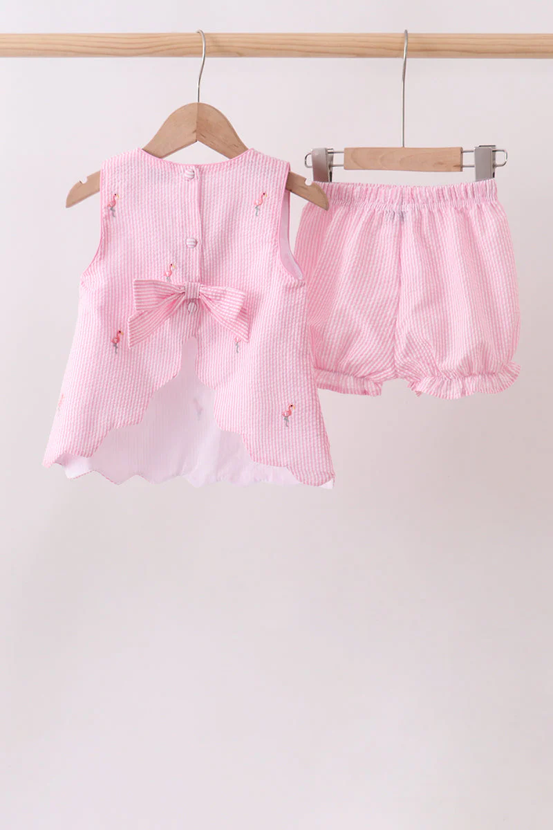 Pink stripe seersucker flamingo embroidery scalloped bloomer set - Image 6