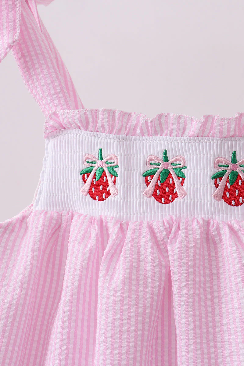 Pink stripe seersucker strawberry smocked dress - Image 2