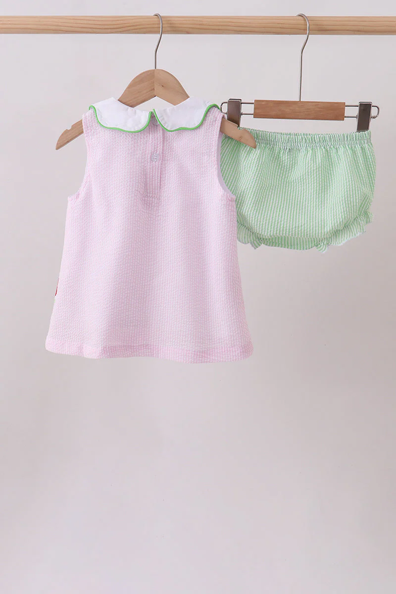 Pink stripe watermelon embroidery seersucker bloomer set - Image 3