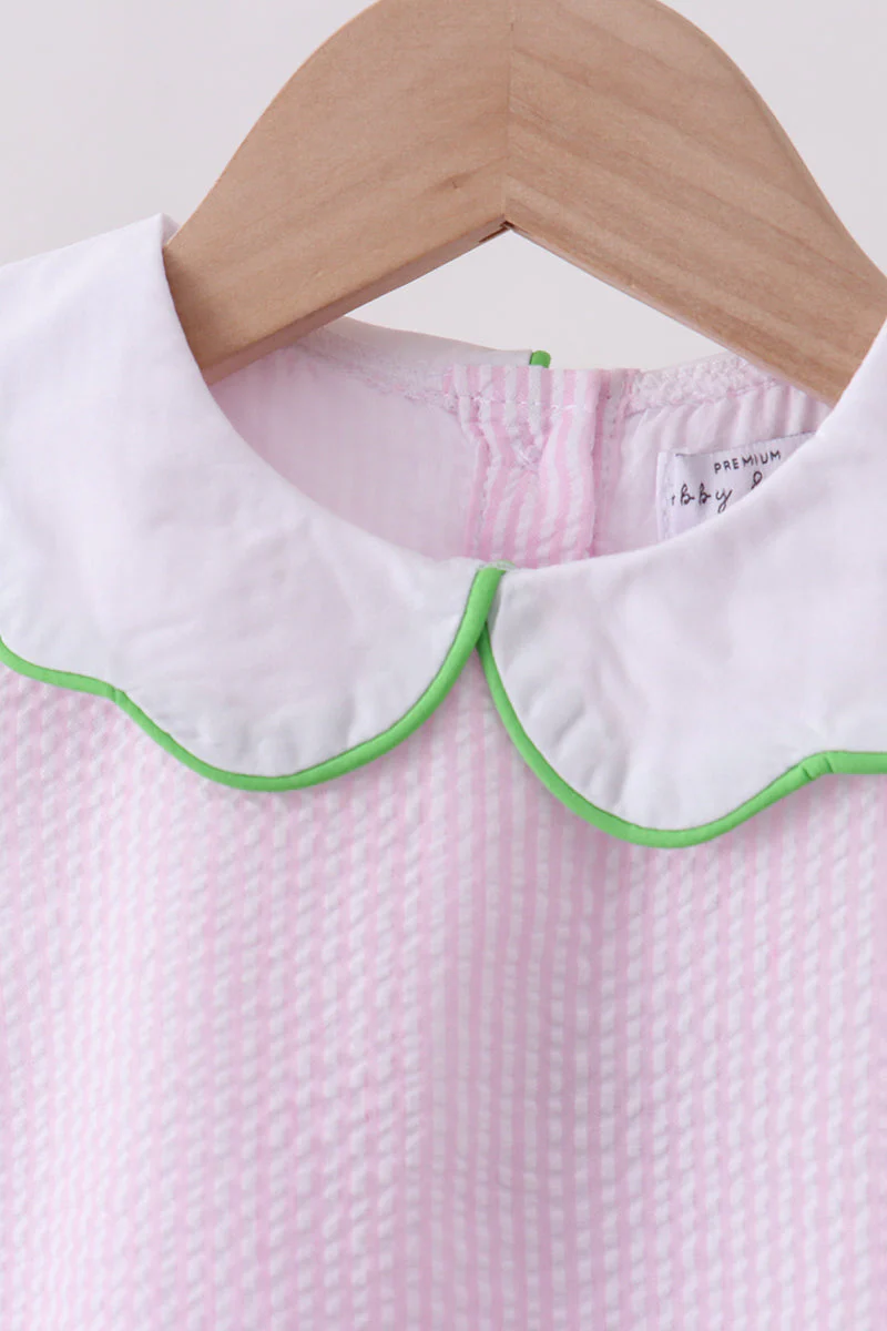 Pink stripe watermelon embroidery seersucker bloomer set - Image 4