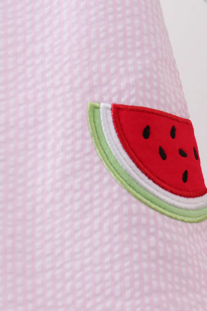 Pink stripe watermelon embroidery seersucker bloomer set - Image 6