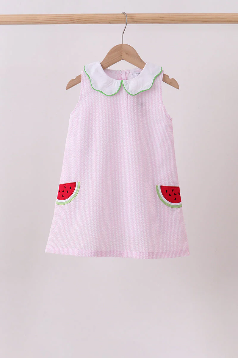 Pink stripe watermelon embroidery seersucker dress
