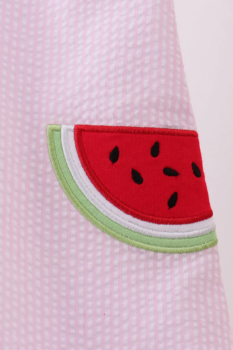 Pink stripe watermelon embroidery seersucker dress - Image 3
