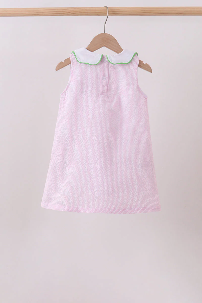 Pink stripe watermelon embroidery seersucker dress - Image 4