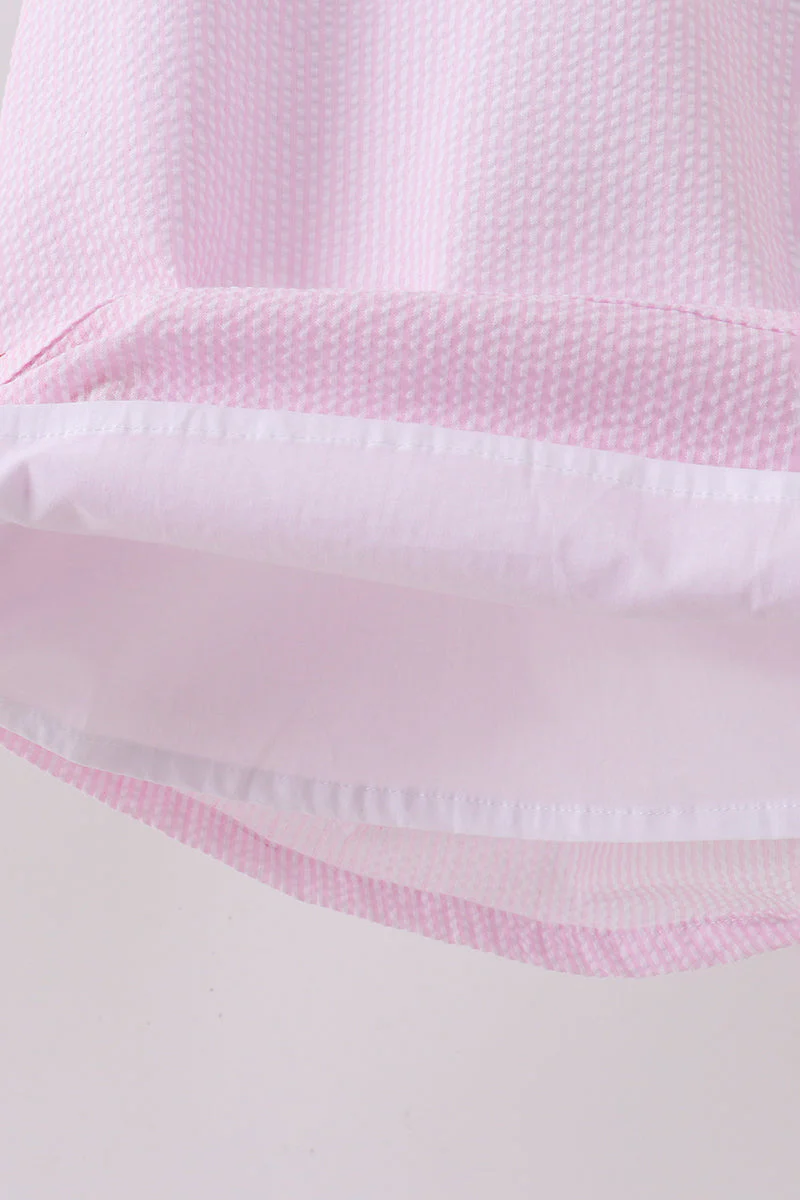 Pink stripe watermelon embroidery seersucker dress - Image 5
