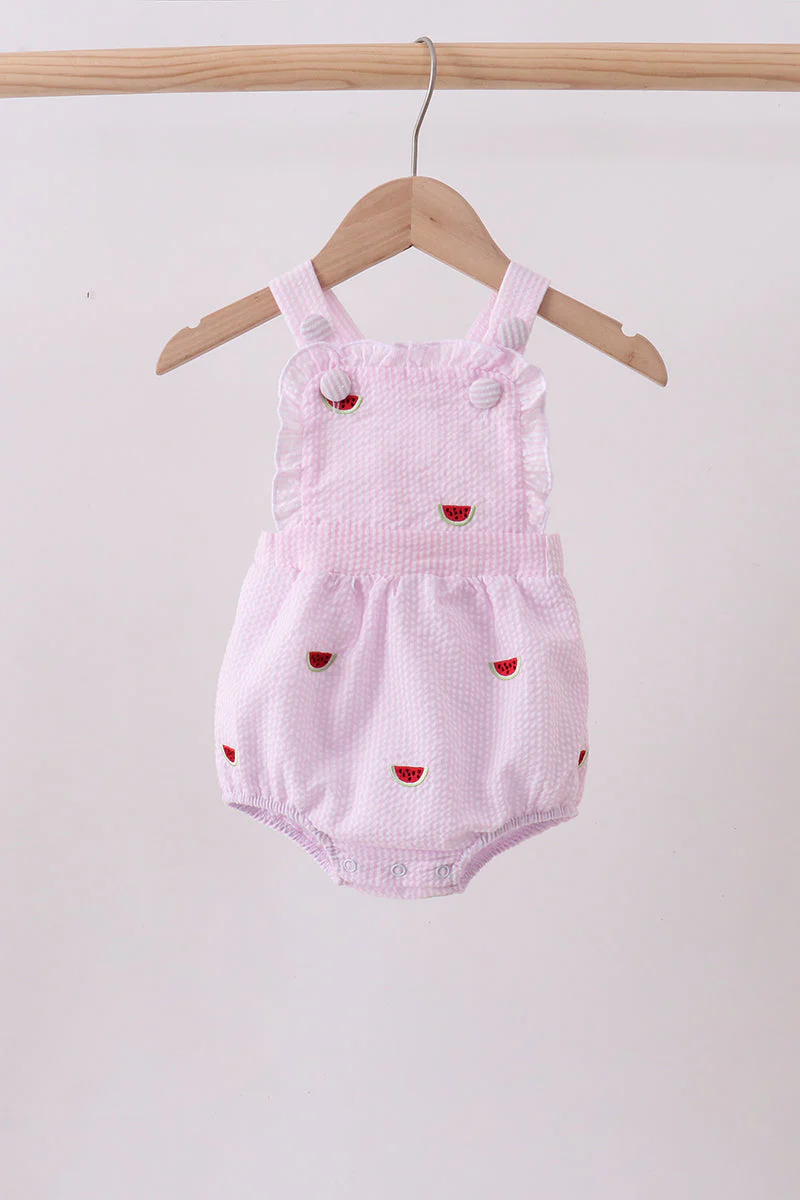 Pink stripe watermelon embroidery seersucker ruffle bubble