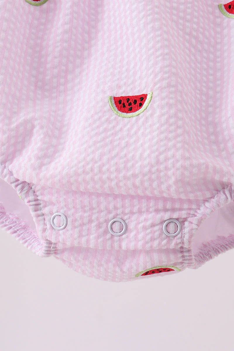 Pink stripe watermelon embroidery seersucker ruffle bubble - Image 2