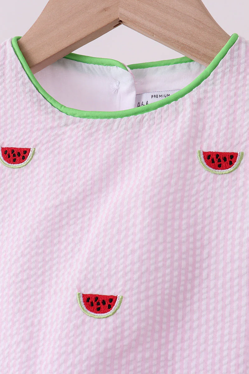 Pink stripe watermelon embroidery seersucker shorts set - Image 2