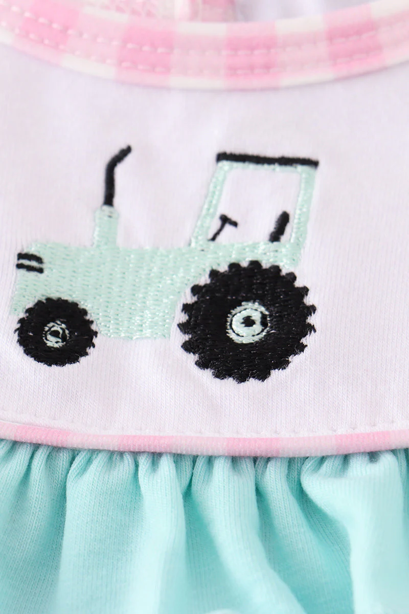 Pink tractor embroidery plaid girl bubble - Image 3