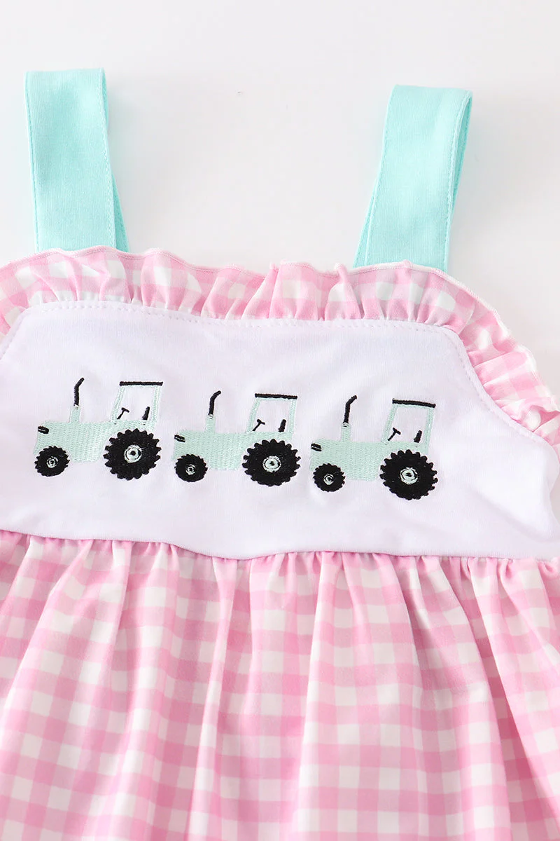 Pink tractor embroidery plaid girl set - Image 2