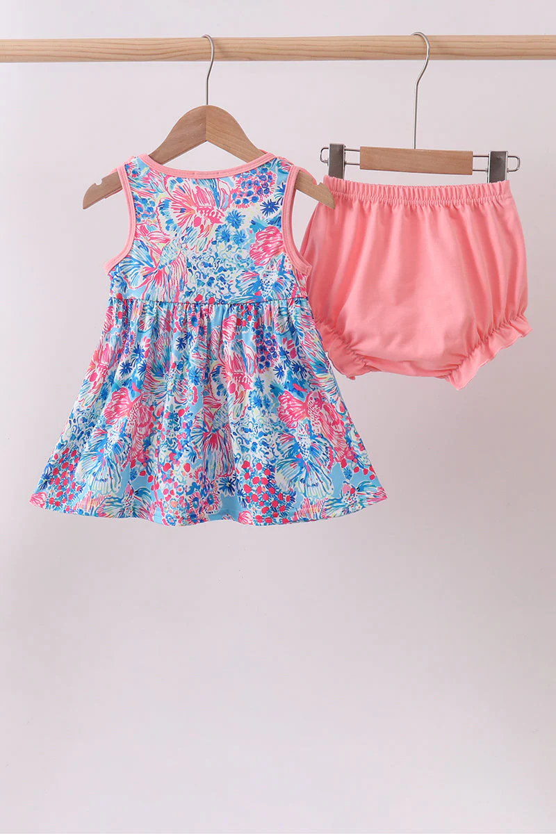 Pink tropical floral print ruffle bow bloomer set - Image 4