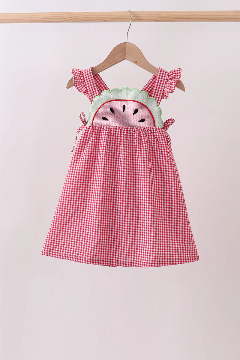 Red watermelon ruffle gingham dress