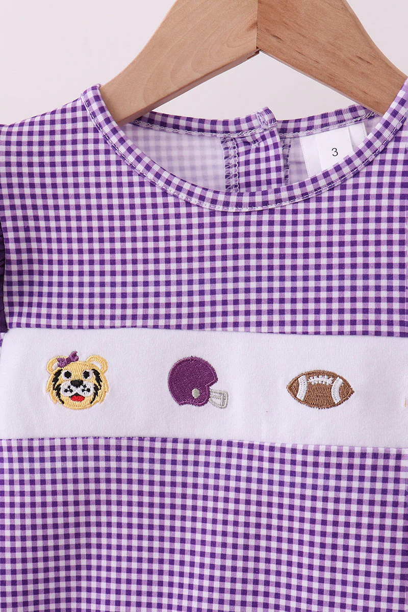 Premium Purple LSU tiger football embroideyr gingham ruffle pants set - Image 2