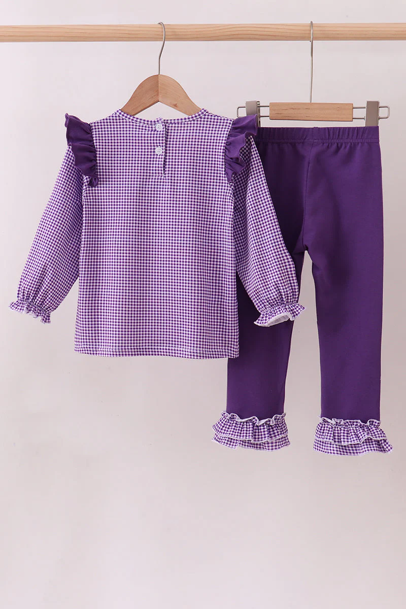 Premium Purple LSU tiger football embroideyr gingham ruffle pants set - Image 6