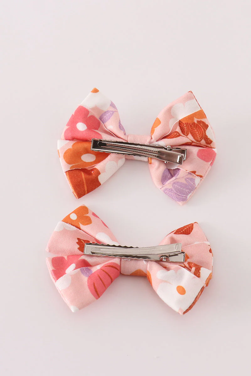 Pumpkin floral print 2pc hair bow - Image 3
