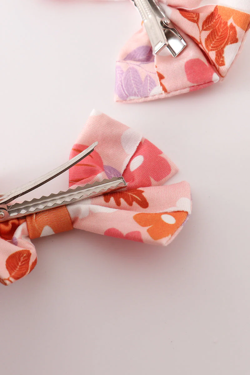 Pumpkin floral print 2pc hair bow - Image 4