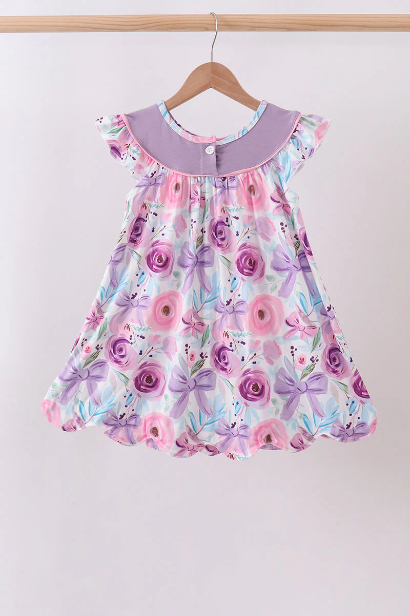 Purple Bow Embroidered Floral Scalloped Dress - Image 3