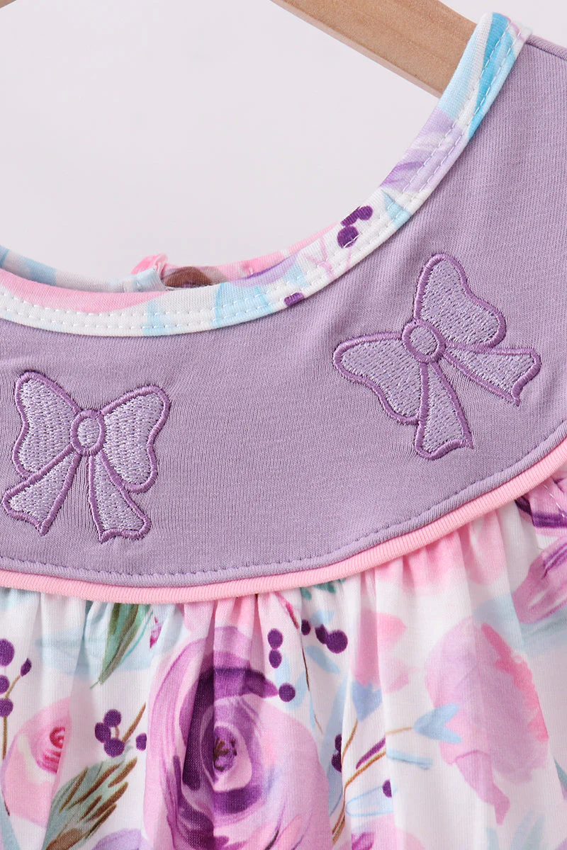 Purple Bow Embroidered Floral Scalloped Dress - Image 5