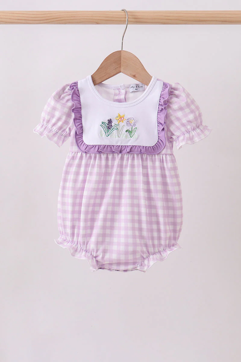 Purple floral embroidery gingham ruffle bubble