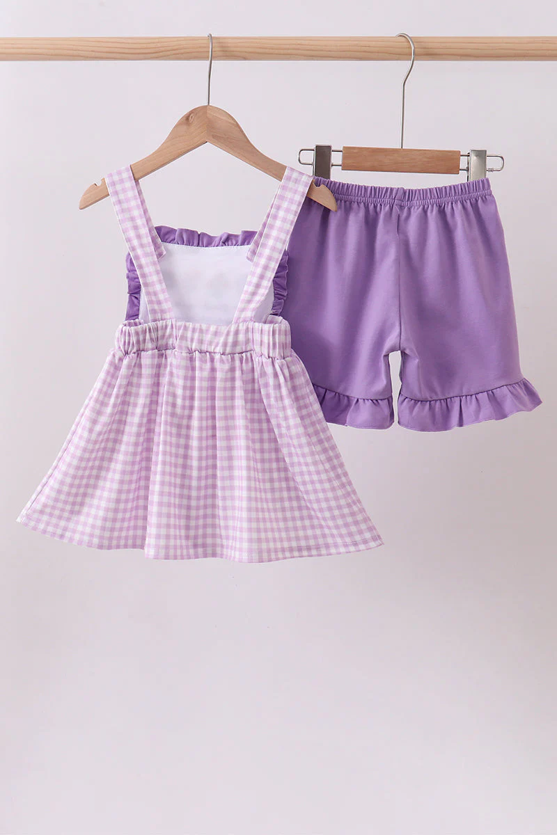 Purple floral embroidery gingham ruffle shorts set - Image 5