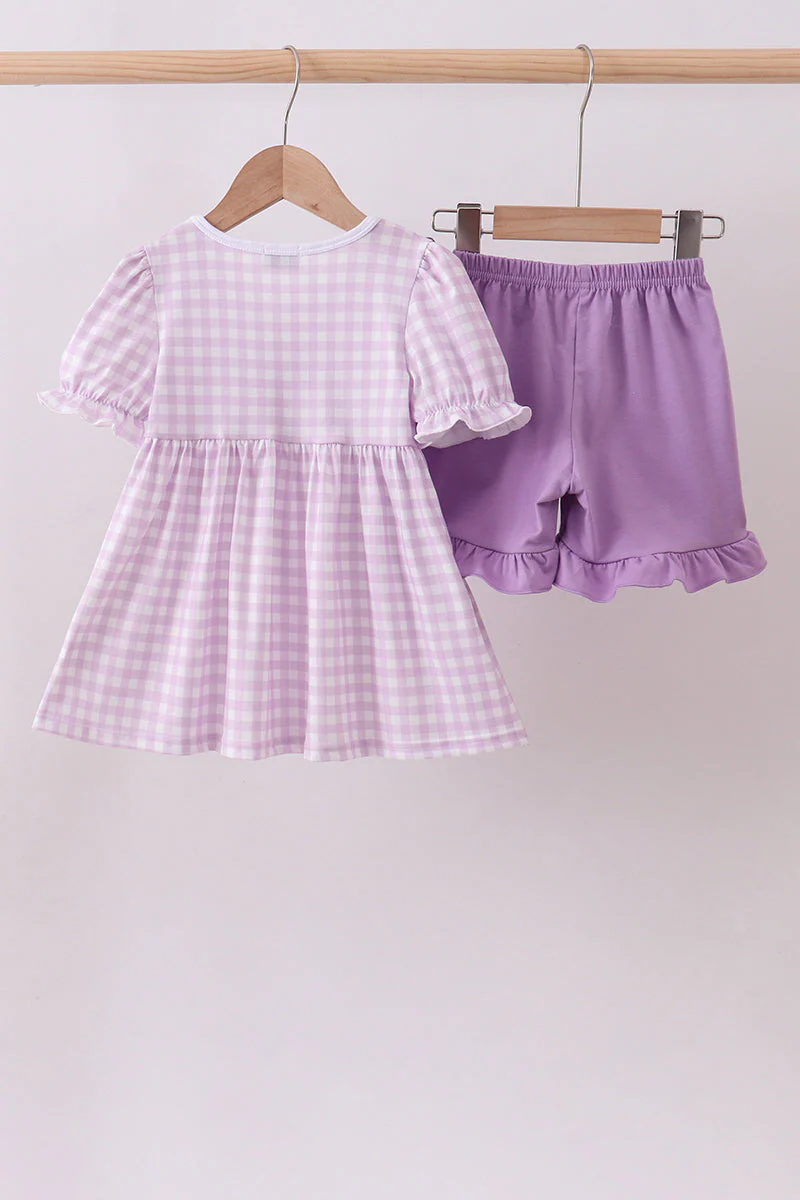 Purple floral embroidery gingham ruffle shorts set - Image 6