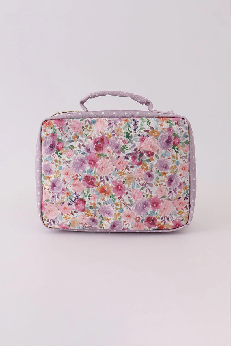 Purple floral print canvas bow lunch bag - Image 4