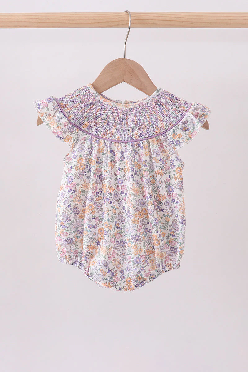 Purple Floral Smocked Ruffle Bubble