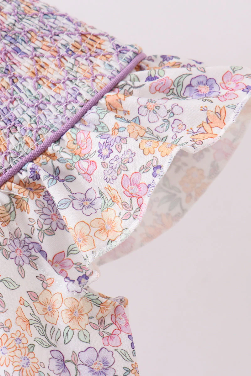 Purple Floral Smocked Ruffle Bubble - Image 4