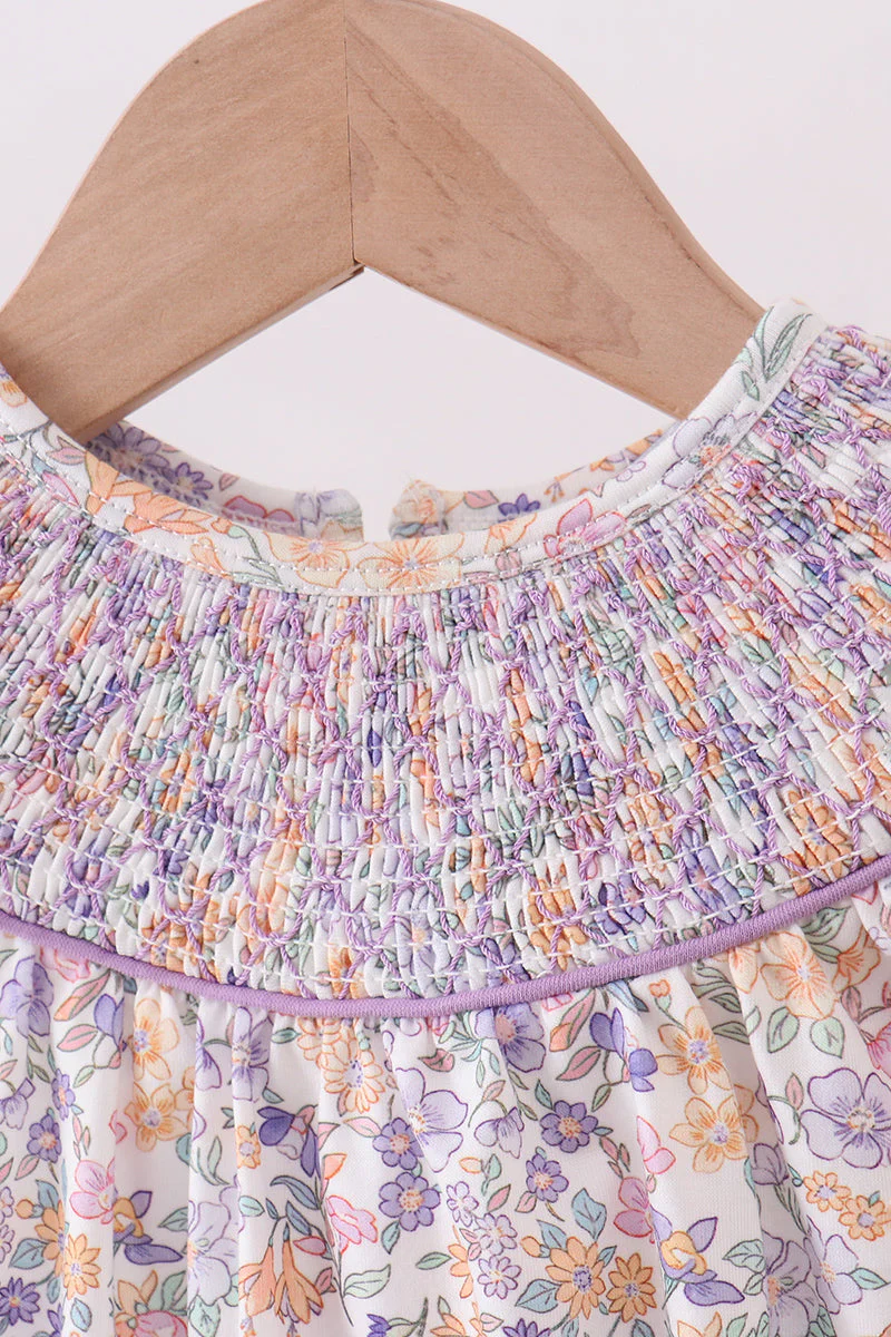 Purple Floral Smocked Ruffle Bubble - Image 5