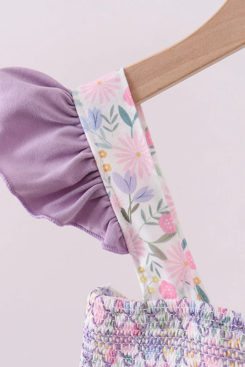 Purple floral smocked ruffle dress - Image 4