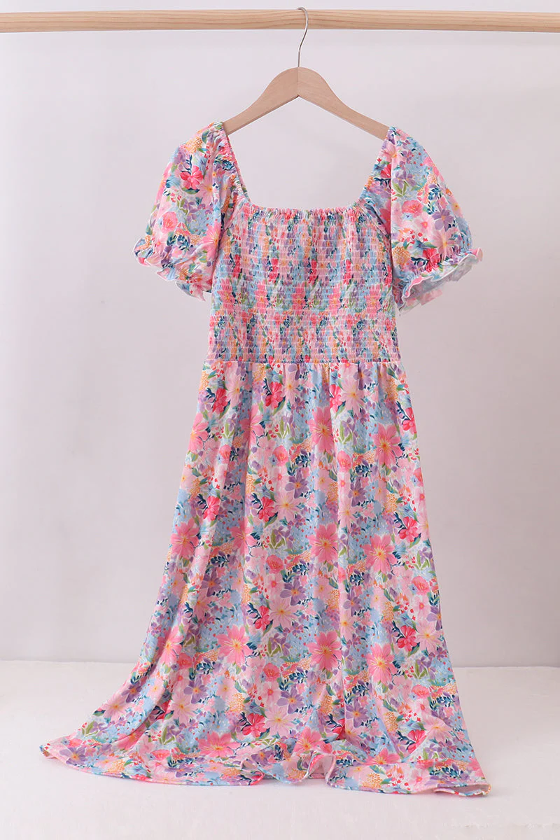 Purple floral smocked women dress