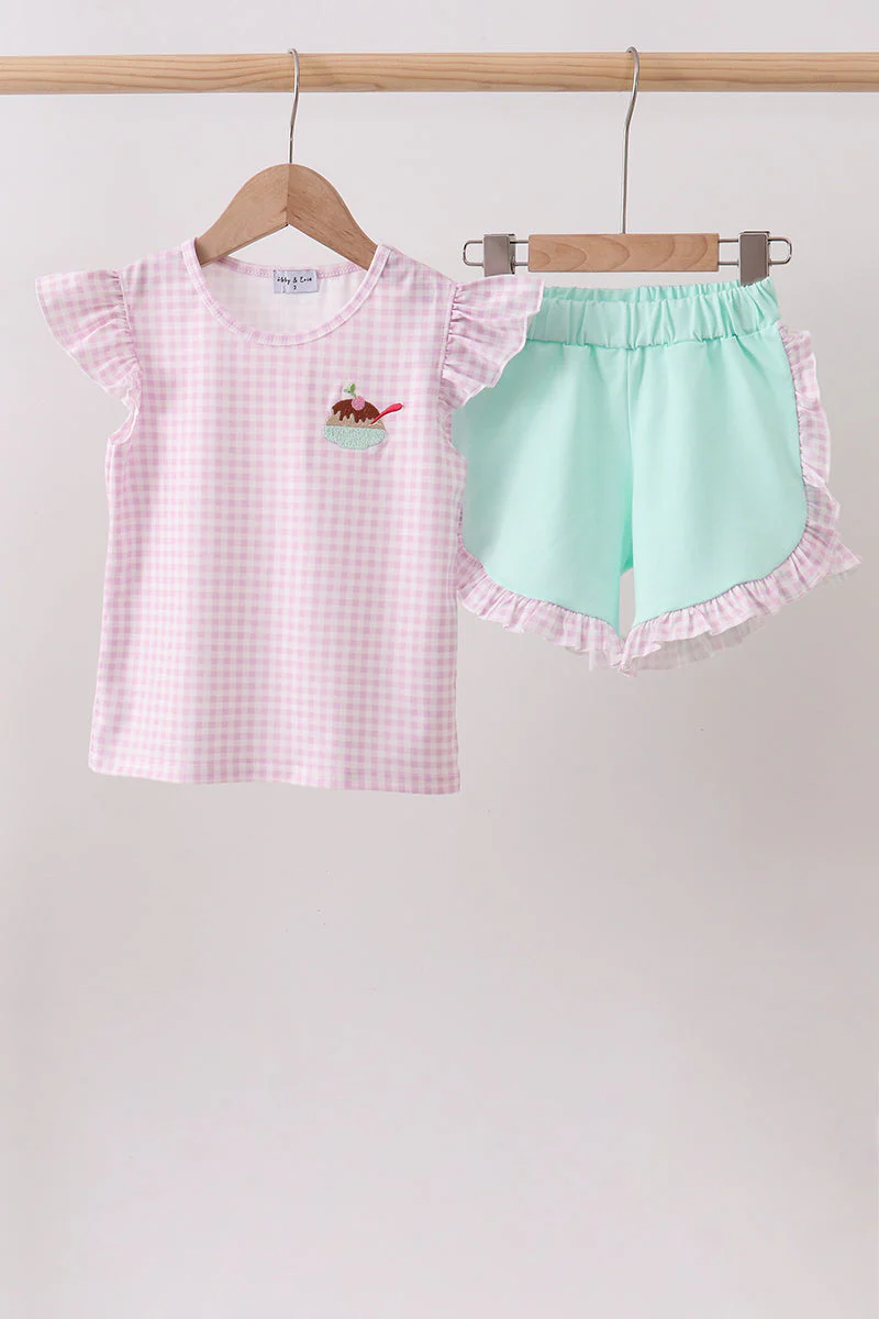 Purple Ice Cream Plaid Embroidered Set
